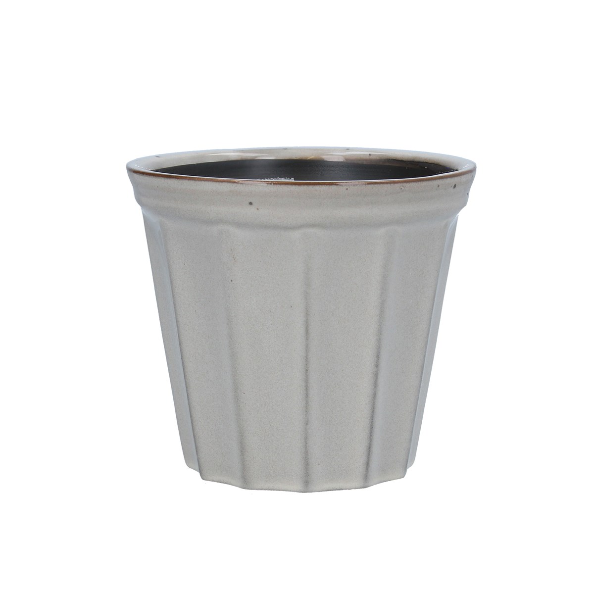 A small taupe ceramic pot cover with all over ribbed design. The perfect addition to your home or the perfect gift for yourself or a loved one. By London designer Gisela Graham.